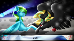 Size: 1600x889 | Tagged: safe, oc, oc:aura specs, oc:hibiki blackwing, awesome, blonde, cloudsdale, couple, cute, flying, green mane, happy, love, marriage, sky, wings