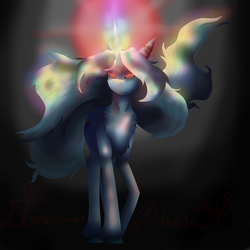 Size: 5800x5800 | Tagged: safe, artist:florarena-kitasatina/dragonborne fox, pony, unicorn, absurd resolution, augmented, chest fluff, crossover, cybernetic eyes, female, flowing mane, glowing eyes, glowing eyes of doom, head tilt, ow the edge, red eyes take warning, signature, simple background, sinister smile, solo, starbreaker (sora), staring into your soul, the fourth wall cannot save you, this will end in tears and/or death, torn ear, unshorn fetlocks, watermark