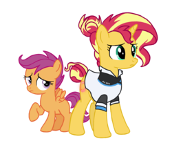 Size: 2016x1749 | Tagged: safe, artist:flipwix, part of a set, scootaloo, sunset shimmer, android, pegasus, pony, robot, unicorn, g4, alternate cutie mark, alternate hairstyle, alternate universe, ax400, clothes, crossover, detroit: become human, duo, female, filly, foal, hair bun, kara (detroit: become human), mare, orange mane, orange skin, raised hoof, simple background, tail bun, transparent background