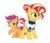 Size: 2016x1749 | Tagged: safe, artist:flipwix, part of a set, scootaloo, sunset shimmer, android, pegasus, pony, robot, unicorn, g4, alternate cutie mark, alternate hairstyle, alternate universe, ax400, clothes, crossover, detroit: become human, duo, female, filly, foal, hair bun, kara (detroit: become human), mare, orange mane, orange skin, raised hoof, simple background, tail bun, transparent background