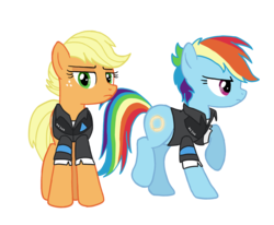 Size: 2160x1779 | Tagged: safe, artist:flipwix, part of a set, applejack, rainbow dash, android, earth pony, pony, robot, g4, alternate cutie mark, alternate hairstyle, alternate universe, clothes, crossover, detroit: become human, looking at you, markus, short hair, short mane, simple background, transparent background, walking