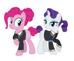 Size: 2160x1779 | Tagged: safe, artist:flipwix, part of a set, pinkie pie, rarity, android, earth pony, pony, robot, unicorn, g4, alternate cutie mark, alternate hairstyle, alternate universe, clothes, connor, crossover, detroit: become human, duo, eyes on the prize, female, jacket, lidded eyes, looking at you, mare, necktie, ponytail, raised hoof, rk800, simple background, smiling, tail bun, transparent background, vector