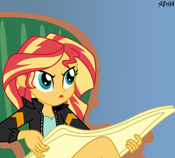 Size: 2000x1811 | Tagged: safe, artist:sunshi, sunset shimmer, equestria girls, g4, annoyed, bottomless, clothes, down beat bear, female, jacket, leather jacket, meme, open mouth, parody, partial nudity, ponified meme, solo, tom and jerry, tom reading the newspaper