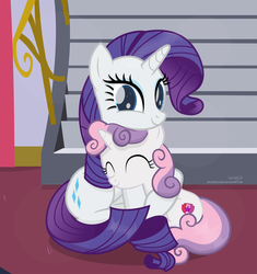 Size: 2248x2395 | Tagged: safe, artist:shutterflyeqd, rarity, sweetie belle, pony, unicorn, g4, ^^, belle sisters, colored pupils, cute, daaaaaaaaaaaw, diasweetes, dilated pupils, eyes closed, faic, female, filly, high res, hug, looking at you, mare, raribetes, sibling love, siblings, sisterly love, sisters, sitting, smiling, smirk, stairs, twiface