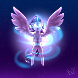 Size: 2000x2000 | Tagged: safe, artist:sonigiraldo, starlight glimmer, alicorn, pony, g4, alicornified, ascension, female, flying, glowing horn, high res, horn, large wings, magic, night, open mouth, race swap, sky, solo, spread wings, starlicorn, stars, white eyes, wings