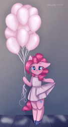 Size: 1078x2000 | Tagged: safe, artist:sonigiraldo, pinkie pie, earth pony, pony, semi-anthro, g4, balloon, bipedal, clothes, cute, diapinkes, dress, female, hoof hold, looking at you, pretty, shoes, solo