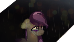 Size: 640x360 | Tagged: safe, artist:sodadoodle, oc, oc only, oc:scintillalight, pegasus, pony, bags under eyes, bokeh, crying, dark, female, frown, gray, mare, purple eyes, purple mane, rain, sad, sky, solo, tears of pain