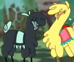 Size: 627x523 | Tagged: safe, screencap, paprika (tfh), alpaca, them's fightin' herds, chest fluff, community related, cropped, duo, eyes closed, female, game screencap, the woodlands