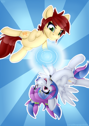 Size: 3868x5467 | Tagged: safe, alternate version, artist:partypievt, oc, oc only, oc:aerial soundwaves, oc:canni soda, earth pony, pegasus, pony, galacon, galacon 2018, 2018, bizaam, choker, duo, female, freckles, mare, open mouth, open smile, ponytail, ponyvillefm, poster, rasengan, simple background, smiling, sunburst background