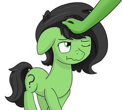 Size: 2832x2560 | Tagged: safe, artist:triplesevens, oc, oc only, oc:anon, oc:filly anon, human, female, filly, floppy ears, hand, high res, petting, scrunchy face, simple background