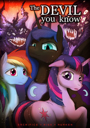 Size: 2480x3508 | Tagged: safe, artist:bernarddk, princess luna, rainbow dash, twilight sparkle, alicorn, pegasus, pony, unicorn, fanfic:the devil you know, g4, butt, cover, cutie mark, fanfic, fanfic art, fanfic cover, female, high res, looking at you, mare, nightmare luna, plot, text, unicorn twilight