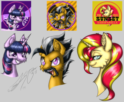 Size: 1024x845 | Tagged: safe, artist:ravvij, sunset shimmer, twilight sparkle, oc, oc:overhaul, alicorn, pony, unicorn, fallout equestria, g4, bedroom eyes, bottlecap, cheek fluff, commission, cute, dustykatt, ear fluff, fallout, female, grin, logo, male, mare, ministry mares, ministry of arcane sciences, open mouth, sarsparilla, sauce, smiling, sparkle cola, stallion, sunset sarsparilla, twilight sparkle (alicorn)