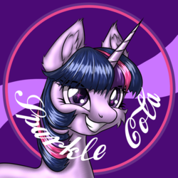 Size: 900x900 | Tagged: safe, artist:ravvij, twilight sparkle, pony, unicorn, fallout equestria, g4, bottlecap, cheek fluff, cute, ear fluff, fallout, female, grin, horn, mare, ministry mares, ministry of arcane sciences, smiling, soda, solo, sparkle cola