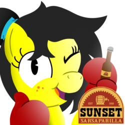 Size: 1000x1000 | Tagged: safe, artist:toyminator900, oc, oc only, oc:uppercute, earth pony, pony, bottle, boxing gloves, fallout, freckles, one eye closed, smiling, sunset sarsparilla, thumbs up, wink