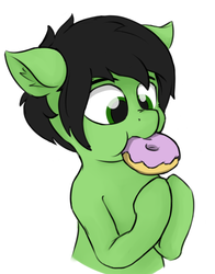 Size: 550x700 | Tagged: safe, artist:crownhound, oc, oc only, oc:filly anon, pony, donut, ear fluff, eating, female, filly, food, hooves up, looking down, puffy cheeks, simple background, white background