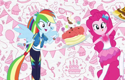 Size: 1084x694 | Tagged: safe, screencap, pinkie pie, rainbow dash, equestria girls, g4, my little pony equestria girls: better together, official, cake, clothes, cropped, female, food, geode of sugar bombs, geode of super speed, intro, magical geodes, opening theme, pantyhose, ponied up, pony history, skirt