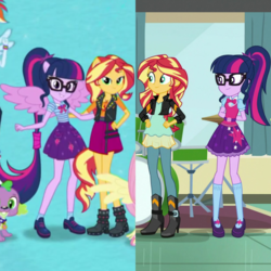 Size: 1920x1920 | Tagged: safe, screencap, fluttershy, rainbow dash, sci-twi, spike, spike the regular dog, sunset shimmer, twilight sparkle, dog, equestria girls, equestria girls specials, g4, my little pony equestria girls: better together, my little pony equestria girls: dance magic, boots, clothes, comparison, eyes closed, female, glasses, high heel boots, jacket, leather jacket, mary janes, offscreen character, ponied up, pony ears, ponytail, sci-twi outfits, sci-twilicorn, shoes, skirt, smiling, socks