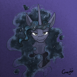 Size: 810x810 | Tagged: safe, artist:equum_amici, artist:greyscaleart, princess luna, alicorn, pony, g4, :3, animated, bust, cinemagraph, constellation, female, freckles, grayscale, headbob, lidded eyes, looking at you, mare, monochrome, no sound, smiling, smug, solo, traditional art, webm