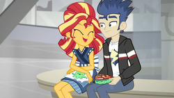 Size: 1920x1080 | Tagged: safe, screencap, flash sentry, sunset shimmer, equestria girls, g4, good vibes, my little pony equestria girls: summertime shorts, apron, beautiful, clothes, duo, eyes closed, female, food, fountain, happi, jacket, japanese, male, pants, shipping fuel, shirt, sitting, smiling, sunset sushi, sushi, uniform, water