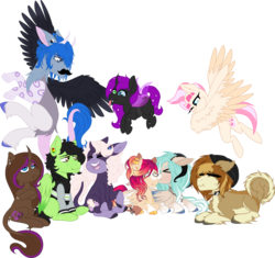 Size: 3829x3602 | Tagged: safe, artist:mourningfog, oc, oc only, changeling, draconequus, pegasus, pony, unicorn, wolf pony, beanie, changeling oc, collar, cutie mark, dab, disney, draconequus oc, facial hair, hat, high res, laughing, moustache, piercing, rastafari, simple background, smiling, tongue out, transparent background