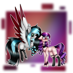 Size: 2000x2000 | Tagged: safe, artist:eclispeluna, oc, oc only, butterfly, pegasus, pony, unicorn, choker, clothes, female, high res, mare, simple background, socks, spiked choker, striped socks, transparent background