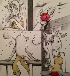 Size: 900x975 | Tagged: safe, artist:zalla661, trixie, anthro, g4, clothes, dress, female, gem, sad, siren gem, solo, traditional art