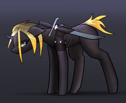 Size: 2500x2039 | Tagged: safe, artist:fenixdust, oc, oc only, oc:maple, pony, unicorn, female, gradient background, high res, mare, solo, sword, weapon
