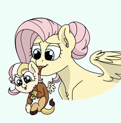 Size: 1484x1511 | Tagged: safe, artist:pastel-charms, fluttershy, oc, oc:harmonic chord, hybrid, g4, baby draconequus, behaving like a cat, blue background, female, interspecies offspring, mother and daughter, mouth hold, offspring, parent:discord, parent:fluttershy, parents:discoshy, scruff, simple background