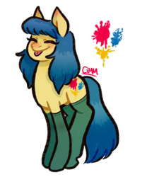 Size: 750x900 | Tagged: safe, artist:gmm, oc, oc only, oc:mood swing, pony, blue mane, christmas, christmas stocking, clothes, holiday, original character do not steal, ponysona, smiling, solo, stockings, thigh highs, tongue out, yellow coat