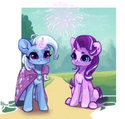Size: 2090x2000 | Tagged: safe, artist:graypillow, starlight glimmer, trixie, pony, unicorn, g4, brooch, cape, clothes, cute, diatrixes, duo, duo female, female, fireworks, glimmerbetes, glowing horn, hatless, high res, horn, jewelry, magic, mare, missing accessory, simple background, sitting, transparent background, trixie's brooch, trixie's cape