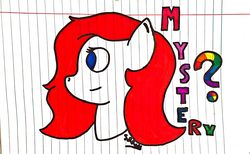 Size: 2940x1812 | Tagged: safe, artist:superdavid2011, oc, oc only, oc:mystery, pony, blue eyes, bust, female, lined paper, mare, question mark, rainbow colors, red mane, signature, solo, traditional art