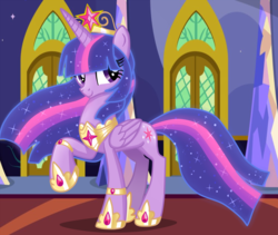 Size: 1286x1085 | Tagged: safe, artist:sugaryicecreammlp, twilight sparkle, alicorn, pony, g4, big crown thingy, crown, element of magic, ethereal mane, female, hilarious in hindsight, hoof shoes, jewelry, mare, princess shoes, raised hoof, regalia, slender, solo, starry mane, thin, twilight sparkle (alicorn), ultimate twilight