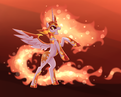 Size: 1500x1200 | Tagged: safe, artist:sugaryicecreammlp, daybreaker, alicorn, pony, g4, dark sclera, female, fire, gradient background, jewelry, mare, open mouth, rearing, regalia, slender, solo, thin