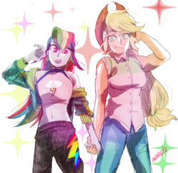 Size: 1080x1051 | Tagged: safe, artist:nounoo, applejack, rainbow dash, equestria girls, g4, clothes, female, holding hands, jeans, lesbian, midriff, pants, ship:appledash, shipping, shirt