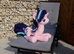 Size: 1500x1100 | Tagged: safe, artist:hipsterowlet, starlight glimmer, pony, unicorn, g4, beach chair, chair, irl, photo, plushie, sitting, smiling, smirk, solo