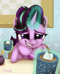 Size: 2052x2539 | Tagged: safe, artist:darksly, starlight glimmer, pony, unicorn, g4, marks for effort, chocolate, desk, empathy cocoa, female, food, glowing horn, grin, high res, horn, hot chocolate, marshmallow, scene interpretation, smiling, solo