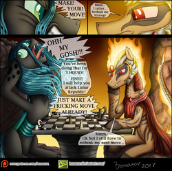 Size: 1200x1193 | Tagged: safe, artist:bonaxor, queen chrysalis, oc, oc:infernox, fire pony, comic:lunar republic stories, g4, angry, chess, comic, derp, dialogue, female, male
