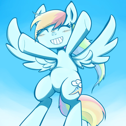 Size: 2040x2040 | Tagged: safe, artist:91o42, rainbow dash, pegasus, pony, g4, blushing, collaboration, eyes closed, female, high res, mare, sky, smiling, solo, spread wings, underhoof, wings