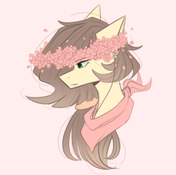 Size: 1280x1272 | Tagged: safe, artist:cupofvanillatea, oc, oc only, pony, bust, female, floral head wreath, flower, mare, pink background, portrait, simple background, solo
