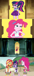 Size: 1275x2867 | Tagged: source needed, safe, edit, edited screencap, editor:sonic ranger, screencap, pinkie pie, sci-twi, sunset shimmer, twilight sparkle, equestria girls, g4, my little pony equestria girls: better together, x marks the spot, bedroom eyes, code lyoko, comic, nostalgia, pose, scanner, screencap comic, treasure map, virtualization