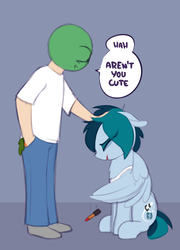 Size: 926x1286 | Tagged: safe, artist:shinodage, oc, oc:anon, oc:delta vee, human, pegasus, pony, carrot, dialogue, female, food, hair over one eye, head pat, human male, male, mare, pat, petting, sitting, speech bubble, standing