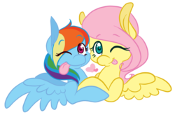 Size: 682x448 | Tagged: safe, artist:purrling, fluttershy, rainbow dash, super lesbian horse rpg, g4, female, lesbian, ship:flutterdash, shipping, simple background, tongue out, transparent background