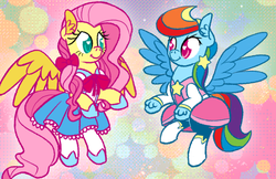 Size: 637x414 | Tagged: safe, artist:ponett, fluttershy, rainbow dash, super lesbian horse rpg, g4, clothes, dress, female, lesbian, magical girl, mare, ship:flutterdash, shipping, skirt