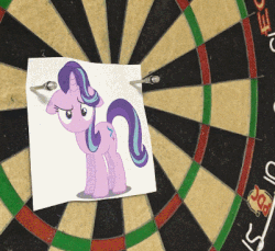 Size: 401x368 | Tagged: safe, artist:1438, artist:dashiesparkle, starlight glimmer, pony, g4, abuse, animated, background pony strikes again, darts, downvote bait, drama, floppy ears, gif, glimmerbuse, irl, op is a duck, op is trying to start shit, photo, solo, starlight drama
