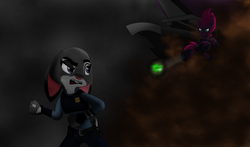 Size: 4000x2348 | Tagged: safe, artist:ejlightning007arts, tempest shadow, pony, rabbit, unicorn, g4, my little pony: the movie, action, action pose, airship, crossover, epic, fanart, female, fight, judy hopps, obsidian orb, police, police officer, police uniform, storm, zootopia