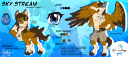 Size: 5500x2448 | Tagged: safe, artist:h-stallionwolf, oc, oc only, oc:sky stream, hybrid, pegasus, pony, wolf, anthro, unguligrade anthro, abs, anime, anime style, anthro with ponies, arm behind head, armpits, biceps, clothes, commission, cutie mark necklace, jewelry, male, muscles, pecs, pendant, reference sheet, shorts, shy, solo, stallion, sweat, sweatdrop, unshorn fetlocks, zoom layer