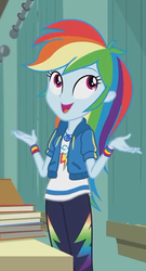 Size: 382x708 | Tagged: safe, screencap, rainbow dash, equestria girls, g4, my little pony equestria girls: better together, the last day of school, clothes, cropped, female, geode of super speed, jacket, magical geodes, pants, smiling