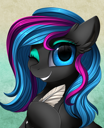 Size: 1446x1764 | Tagged: safe, artist:pridark, oc, oc only, oc:obabscribbler, earth pony, pony, abstract background, bust, commission, female, looking at you, mare, one eye closed, portrait, quill, smiling, solo, wink