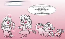 Size: 1280x768 | Tagged: safe, artist:carouselunique, oc, oc:blackberry beatrice pie, cerberus, hybrid, comic:spiraling together, cerberus oc, food, ice cream, ice cream cone, interspecies offspring, multiple heads, offspring, parent:lord tirek, parent:pinkie pie, parents:tirekpie, sunjackspiral, three heads