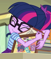 Size: 523x604 | Tagged: safe, screencap, sci-twi, twilight sparkle, equestria girls, equestria girls series, g4, the last day of school, adorkable, book, bookhorse, cropped, cute, dork, eyes closed, female, glasses, hug, that pony sure does love books, twiabetes, wavy mouth, x{